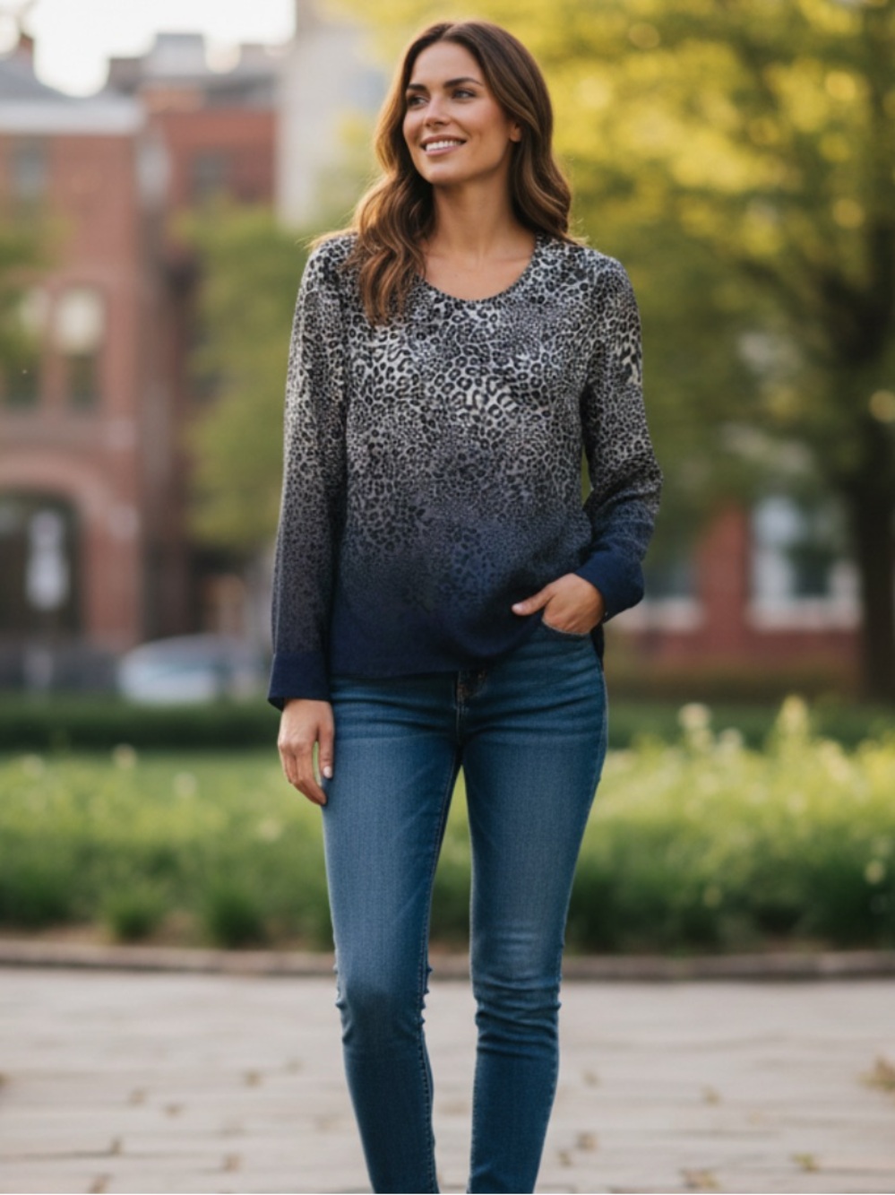 Vince Camuto Black and Gray Ombre Leopard Long-Sleeve Blouse